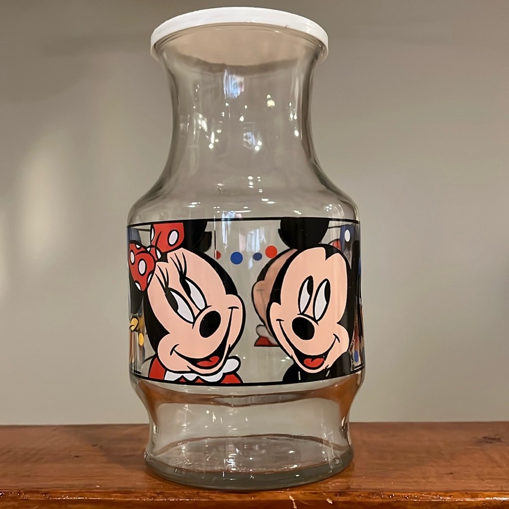 The Walt Disney Company Vintage Glass Carafe Mickey Minnie Mouse Donald Duck